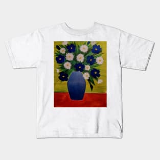 Some blue and white flowers in a metallic blue vas Kids T-Shirt